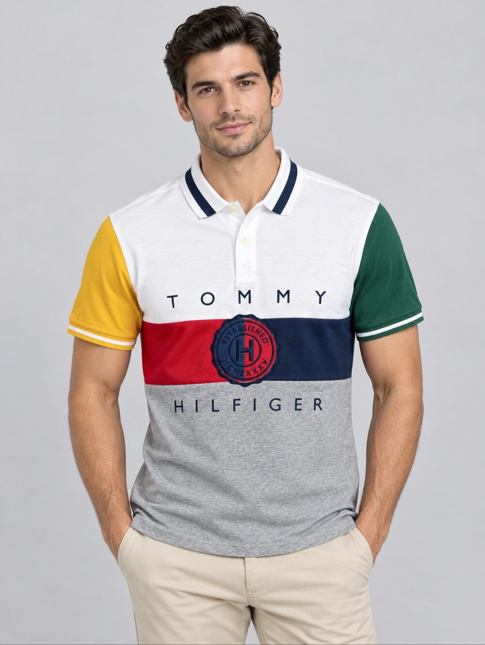 Tommy Hilfiger Mens White, Red, Navy, Gray, Yellow & Green Colorblock Polo